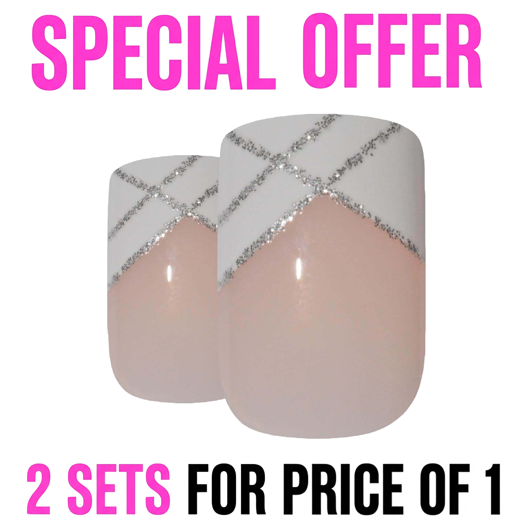 False Nails by Bling Art Silver White French Manicure Fake Medium Tips with Glue