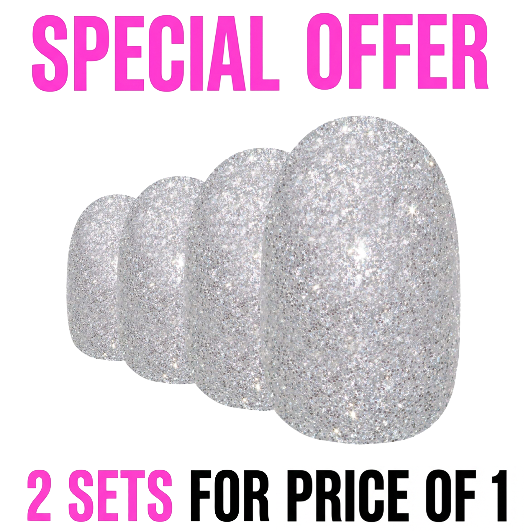 False Nails by Bling Art Silver Gel Oval Medium Fake Acrylic 24 Tips with Glue