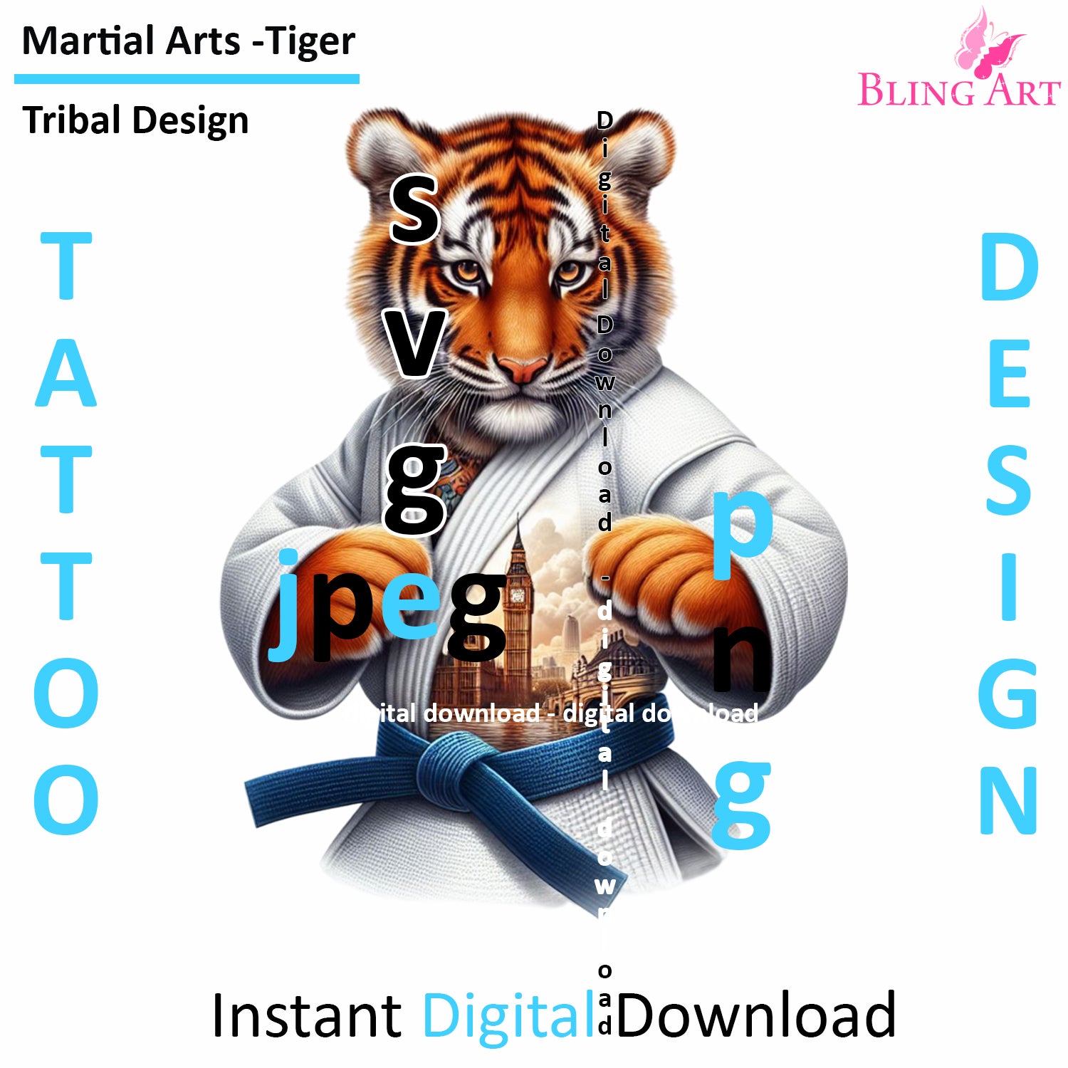 Tiger Martial Arts Tribal Tattoo Art - Digital Design (PNG, JPEG, SVG) - Instant Download for Tattoos, T-Shirts, Wall Art
