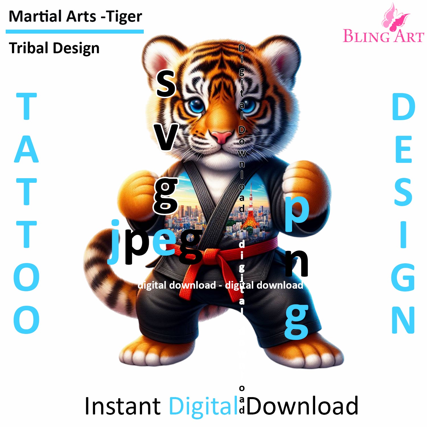 Tiger Martial Arts Tribal Tattoo Art - Digital Design (PNG, JPEG, SVG) - Instant Download for Tattoos, T-Shirts, Wall Art