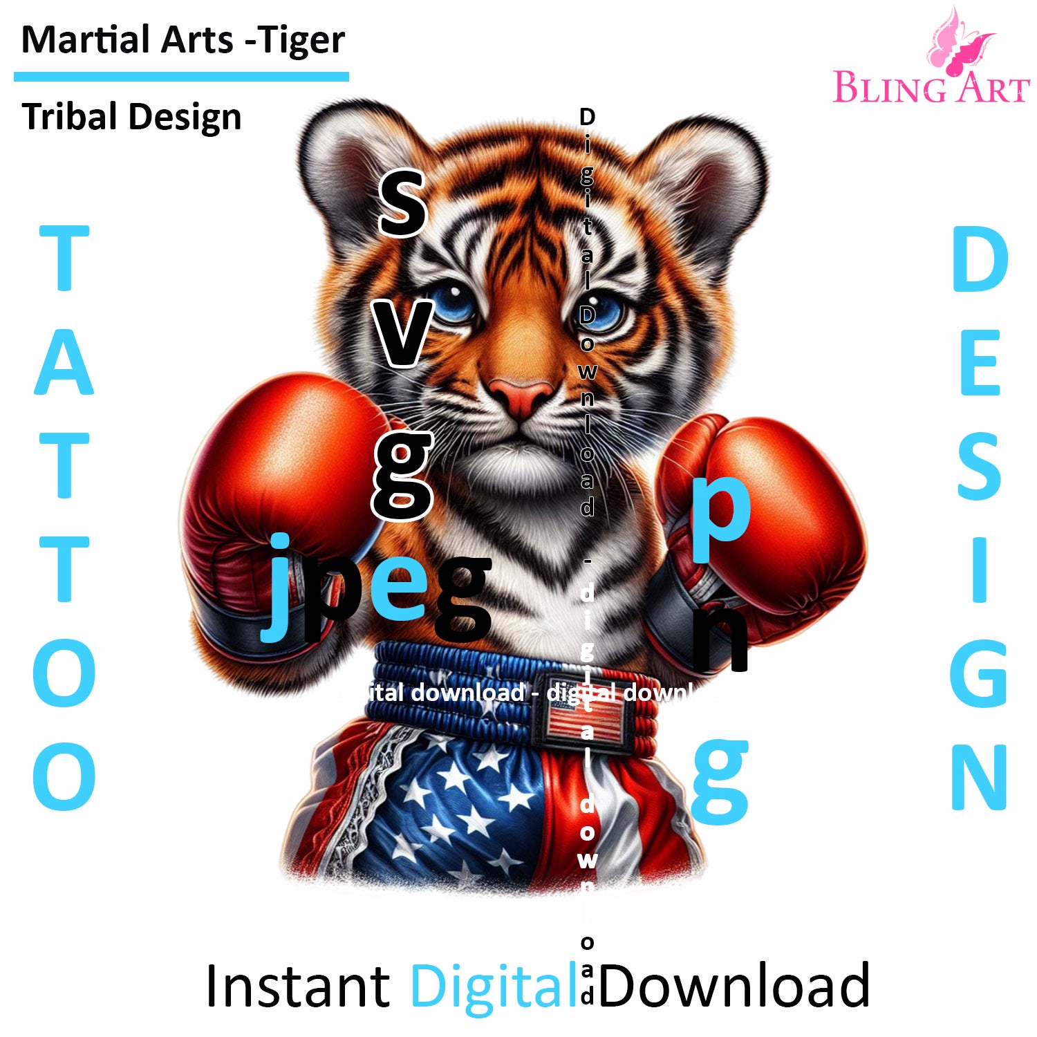 Tiger Martial Arts Tribal Tattoo Art - Digital Design (PNG, JPEG, SVG) - Instant Download for Tattoos, T-Shirts, Wall Art