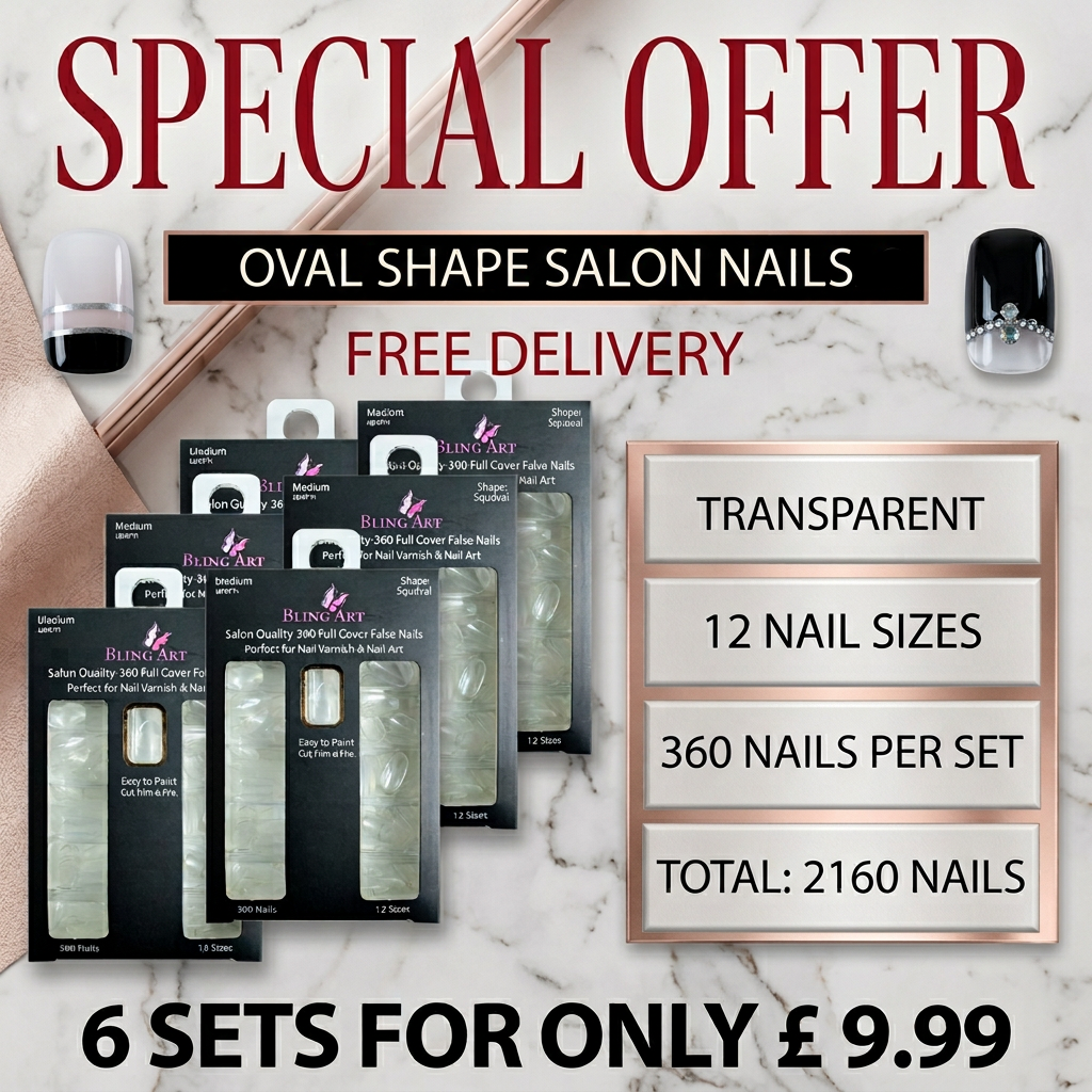 6 Sets - False Nails by Bling Art 360 Oval Medium Transparent Acrylic Fake Nail Tips without glue