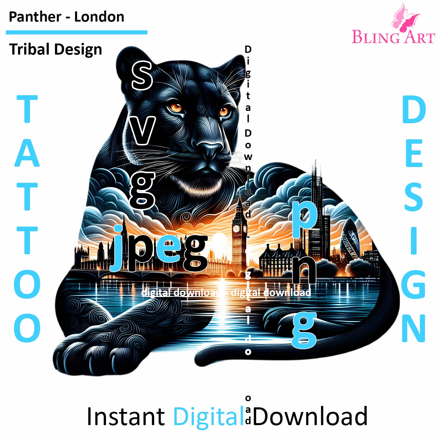 London Panther Tribal Tattoo Art - Digital Design (PNG, JPEG, SVG) - Instant Download for Tattoos, T-Shirts, Wall Art