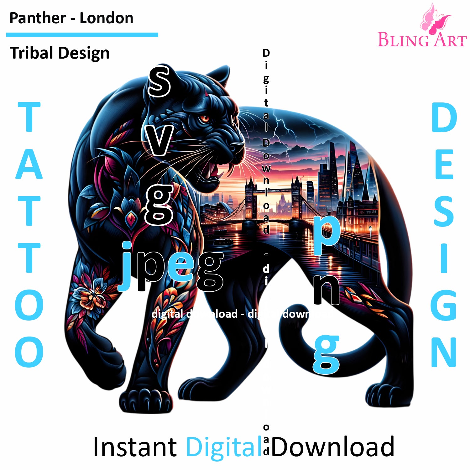 London Panther Tribal Tattoo Art - Digital Design (PNG, JPEG, SVG) - Instant Download for Tattoos, T-Shirts, Wall Art