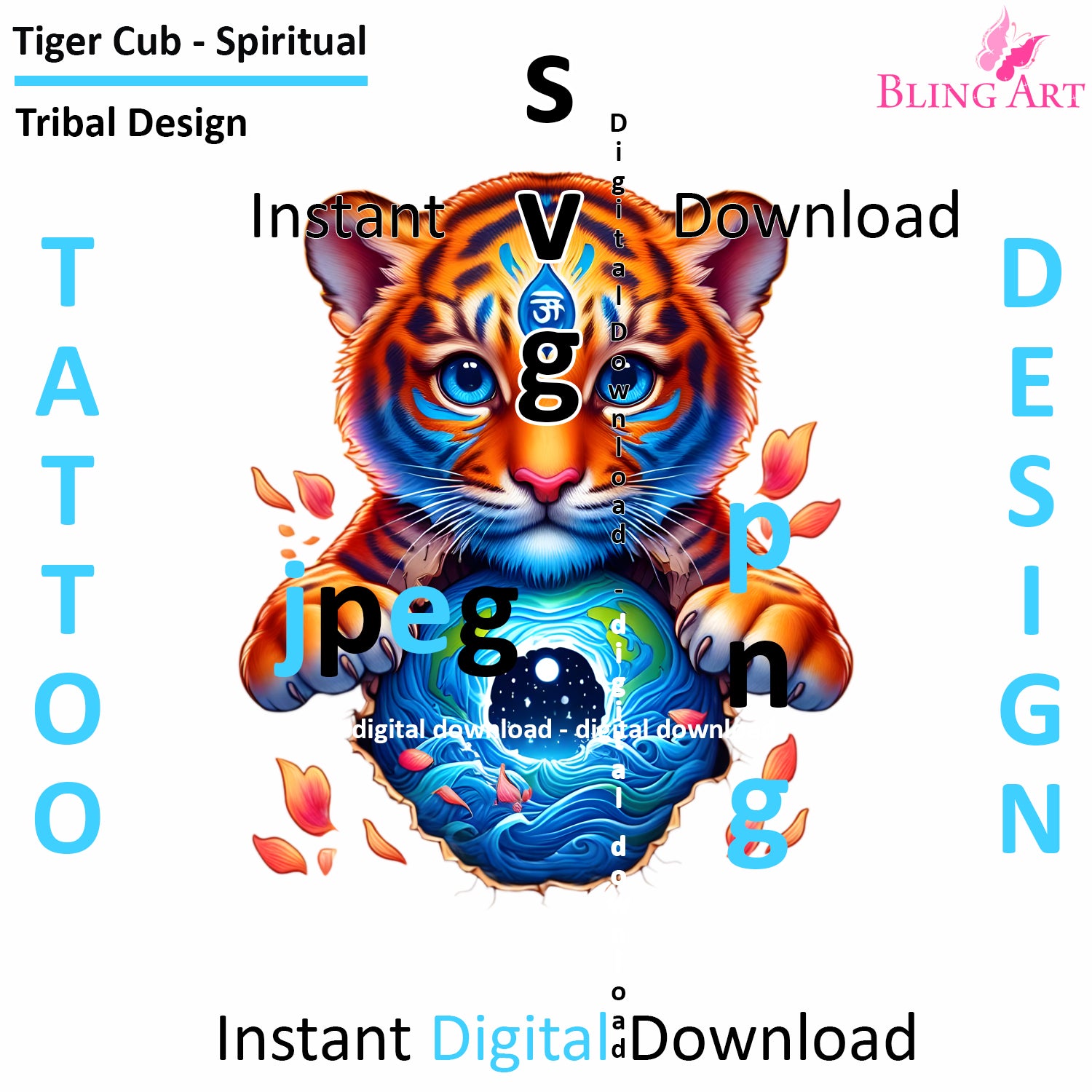 Tiger Cubs Spiritual Tribal Tattoo Art - Digital Design (PNG, JPEG, SVG) - Instant Download for Tattoos, T-Shirts, Wall Art