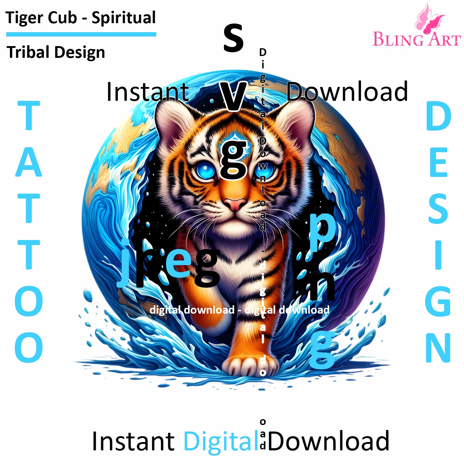 Tiger Cubs Spiritual Tribal Tattoo Art - Digital Design (PNG, JPEG, SVG) - Instant Download for Tattoos, T-Shirts, Wall Art