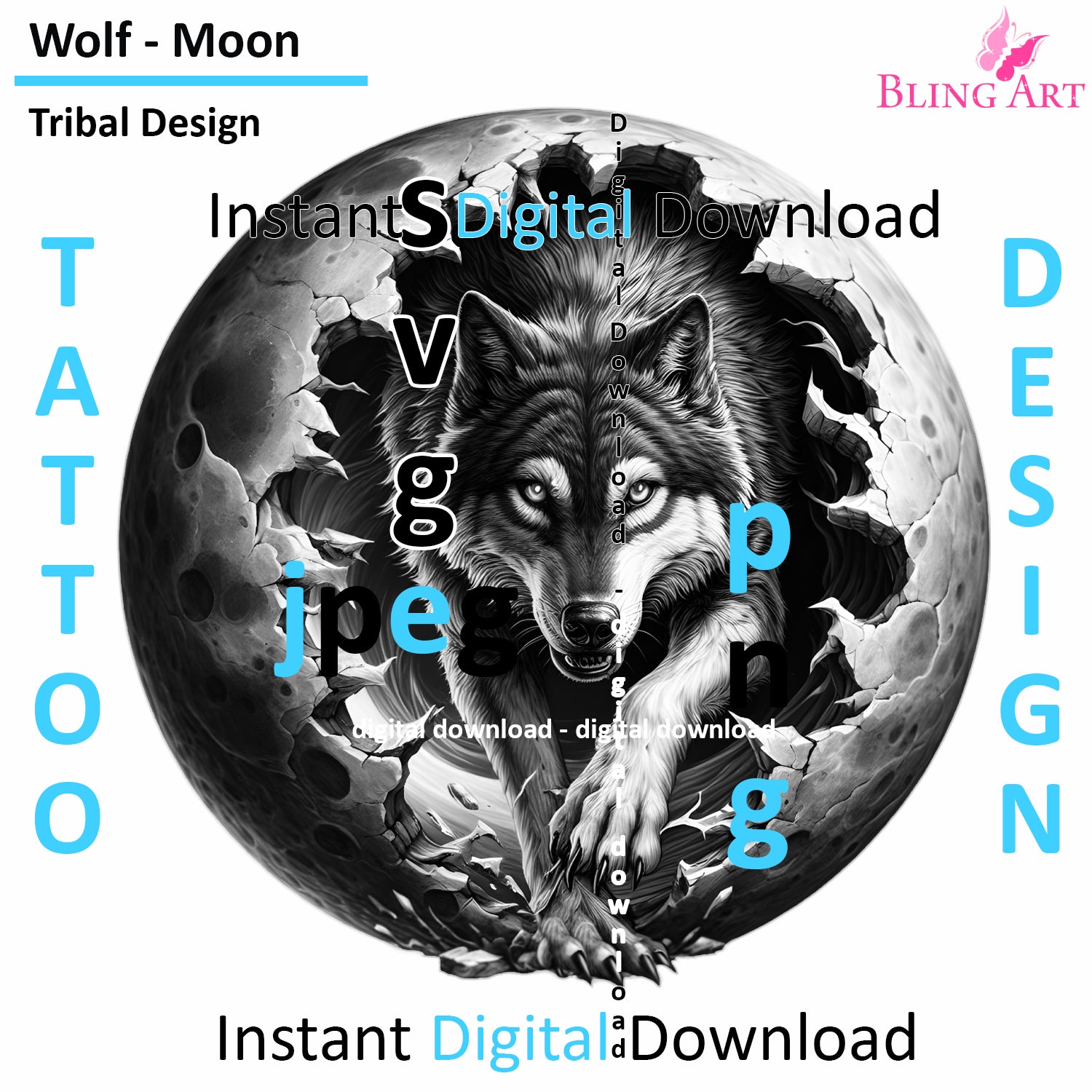 Moon Wolf Tribal Tattoo Art - Digital Design (PNG, JPEG, SVG) - Instant Download for Tattoos, T-Shirts, Wall Art