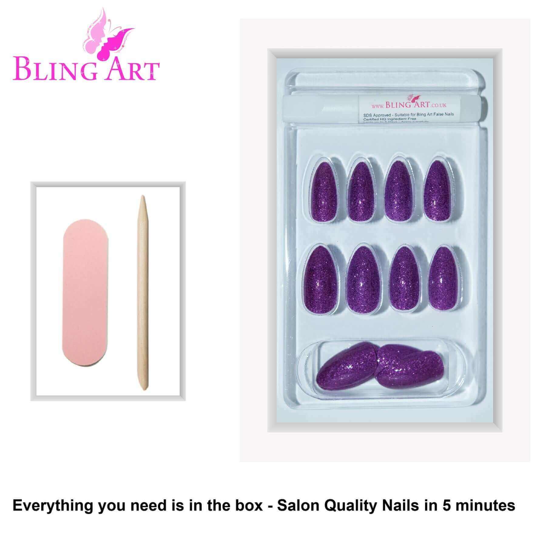 Multipack - False Nails Bling Art Purple Gel Almond Stiletto Long Fake Acrylic Tips and Glue