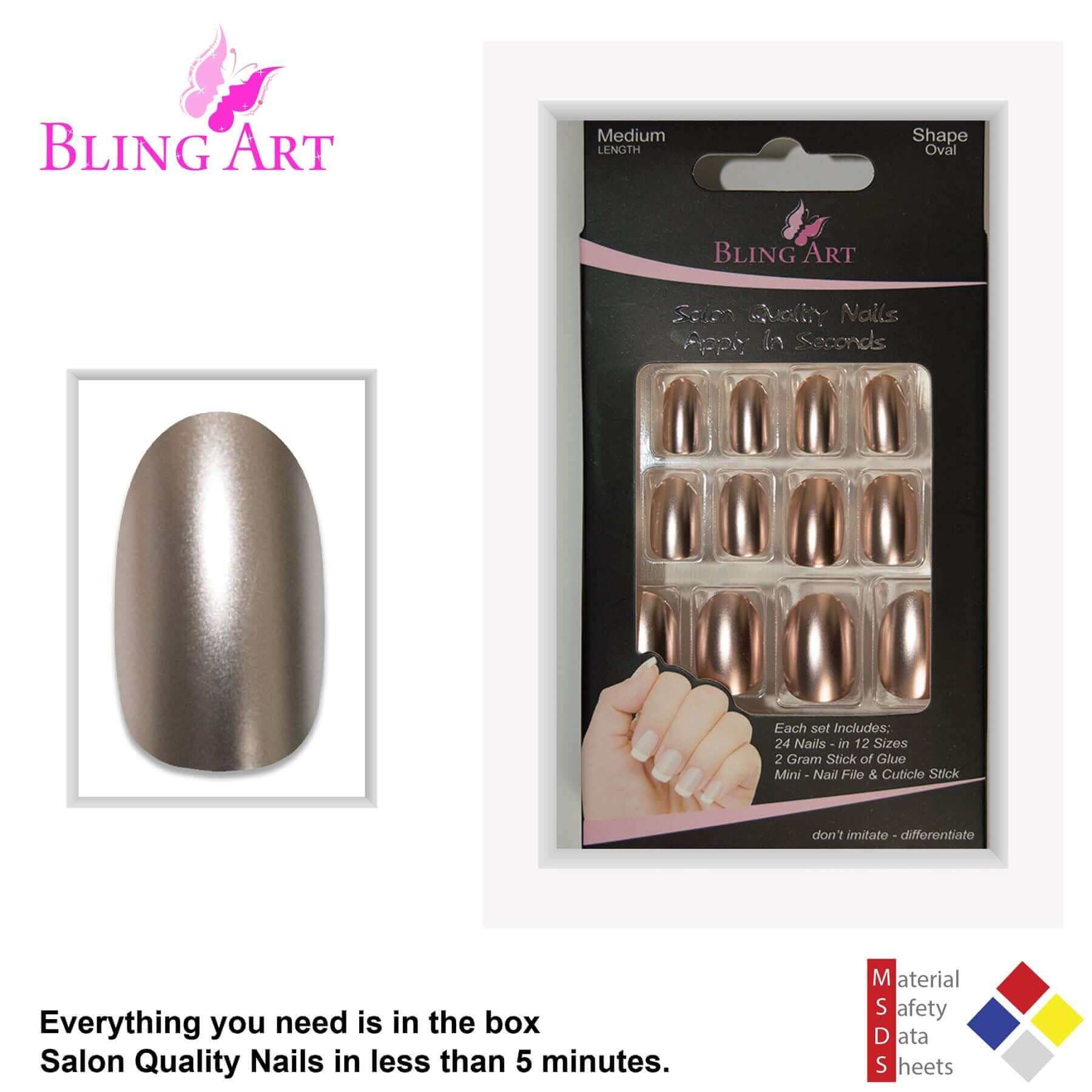 False Nails by Bling Art Beige Matte Metallic Oval Medium Fake Acrylic Tips Glue