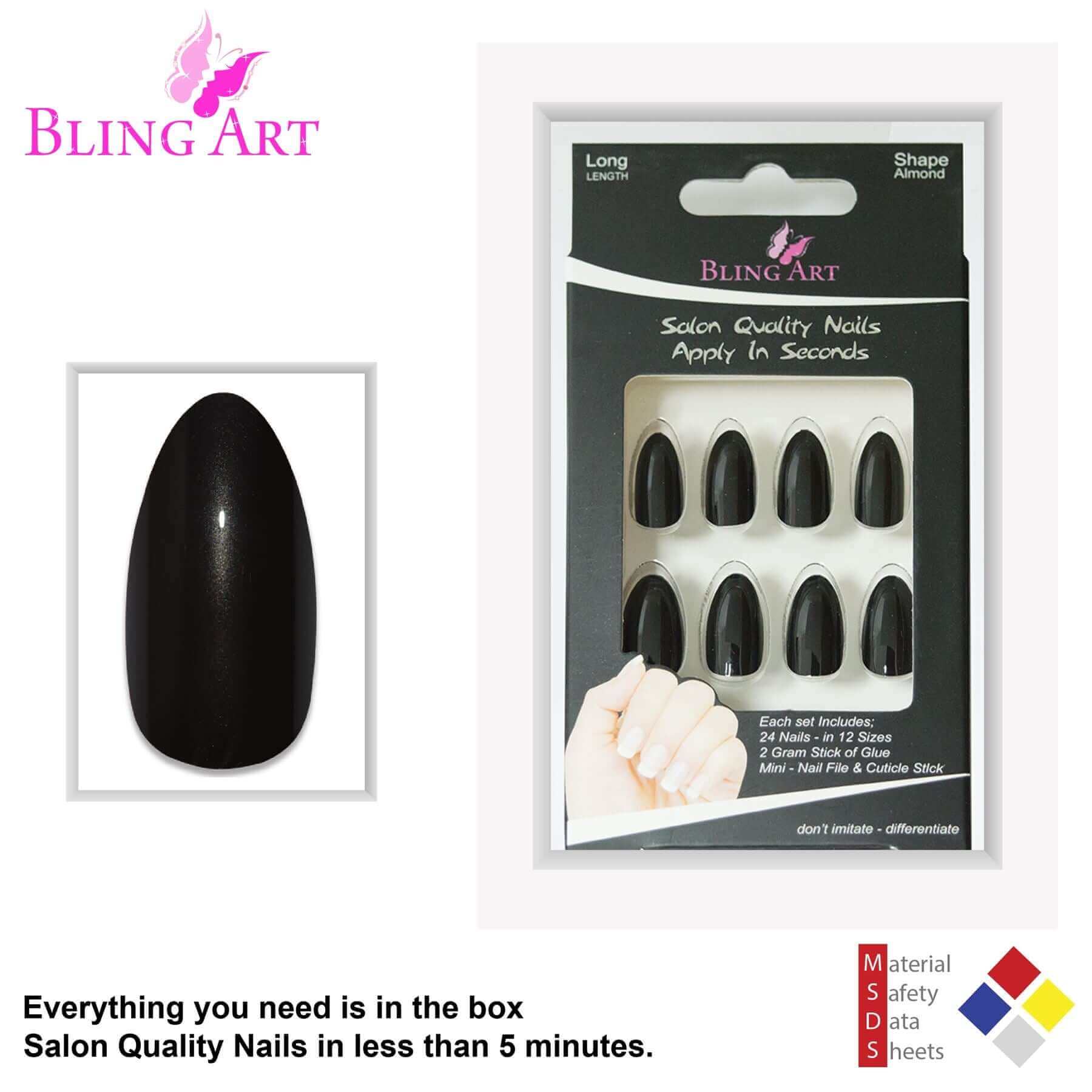False Nails by Bling Art Black Glitter Almond Stiletto Fake Long Acrylic Tips