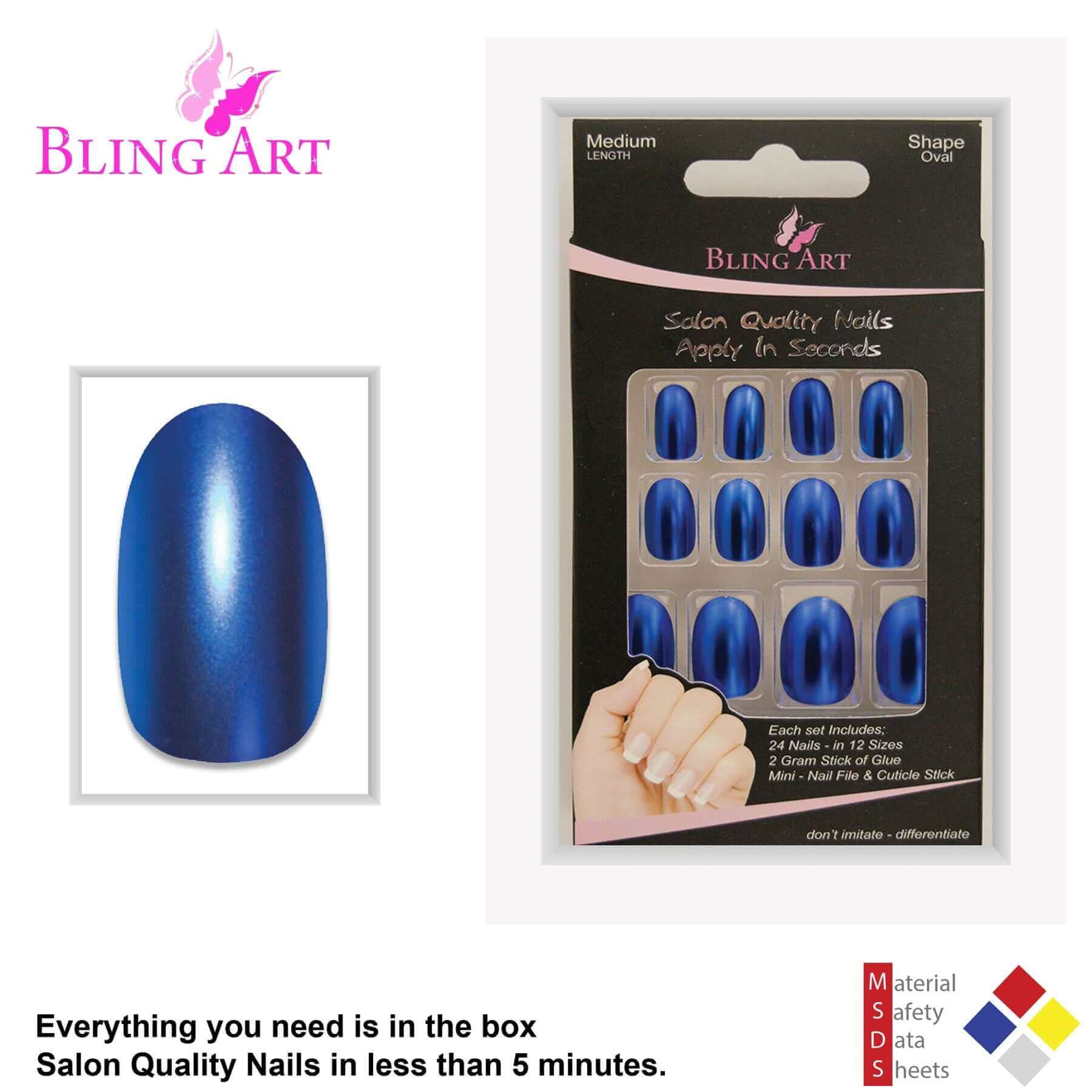 False Nails by Bling Art Blue Matte Metallic Oval Medium Fake Acrylic Tips Glue