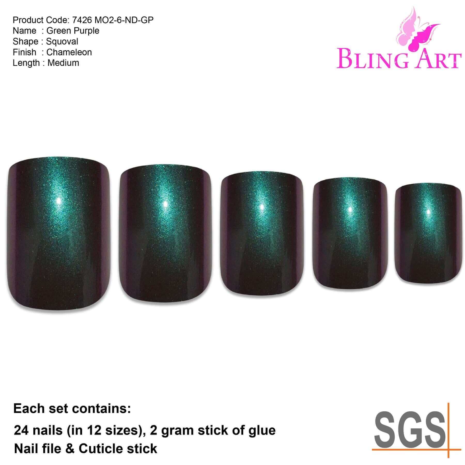 False Nails by Bling Art Green Purple Chameleon French Squoval 24 Fake Tips