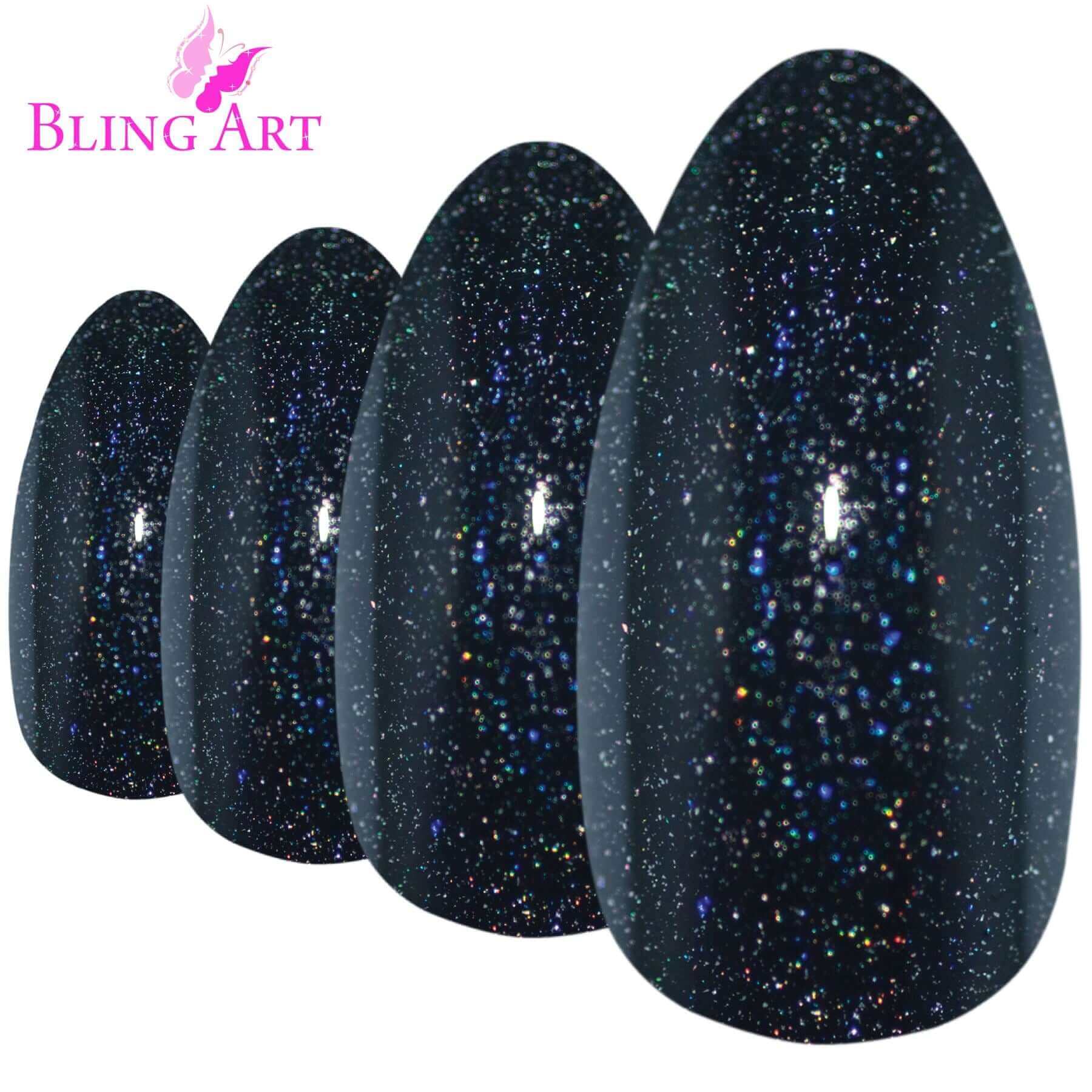 False Nails by Bling Art Black Gel Almond Stiletto 24 Fake Long Acrylic Tips