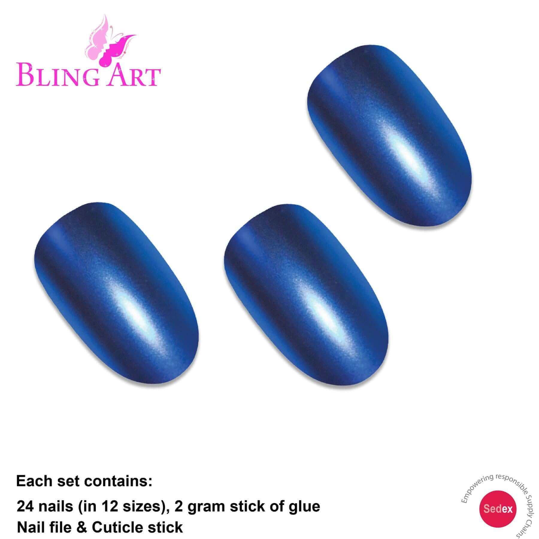 False Nails by Bling Art Blue Matte Metallic Oval Medium Fake Acrylic Tips Glue