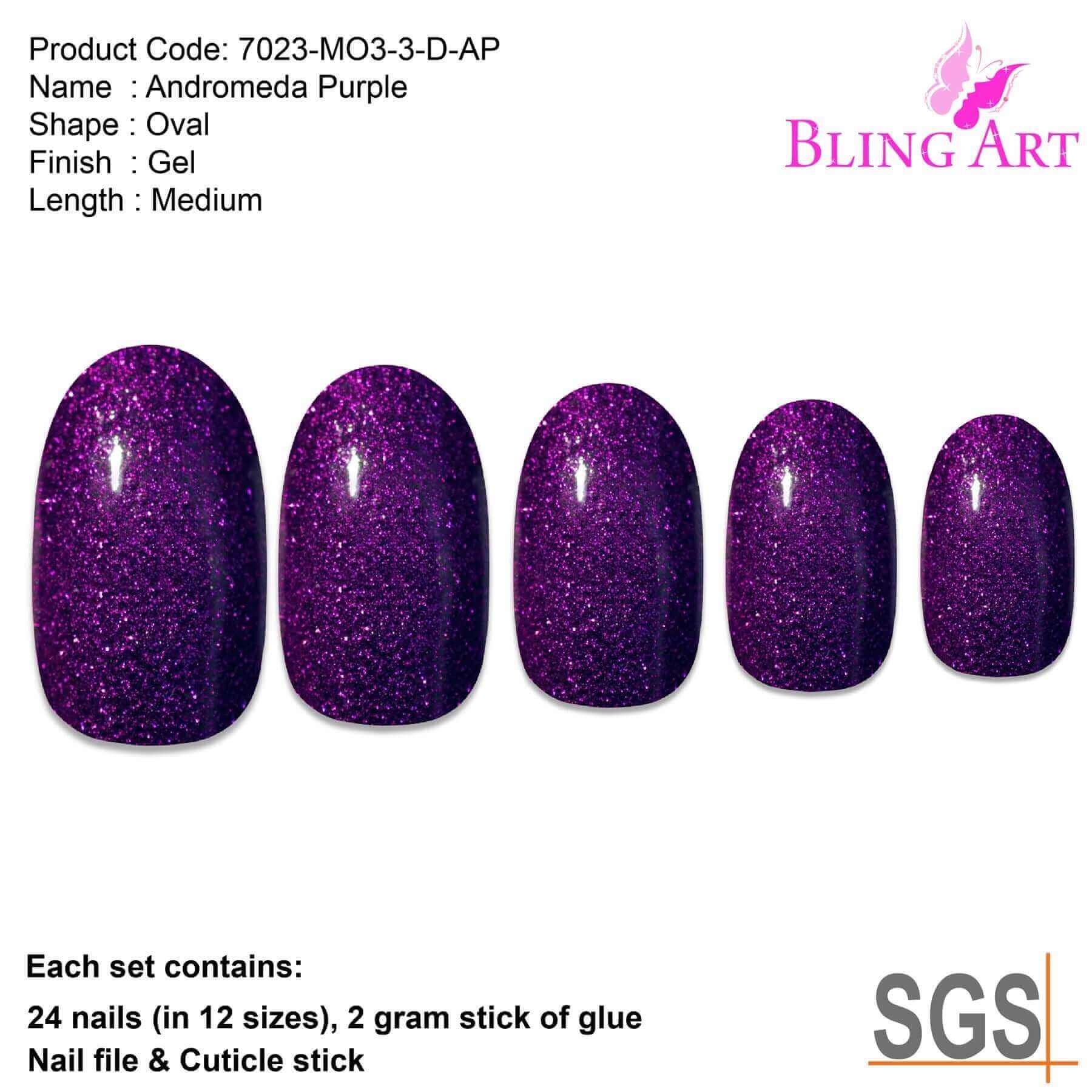 Multipack - False Nails by Bling Art Purple Gel Oval Medium Fake Acrylic Round Nail Tips with Glue