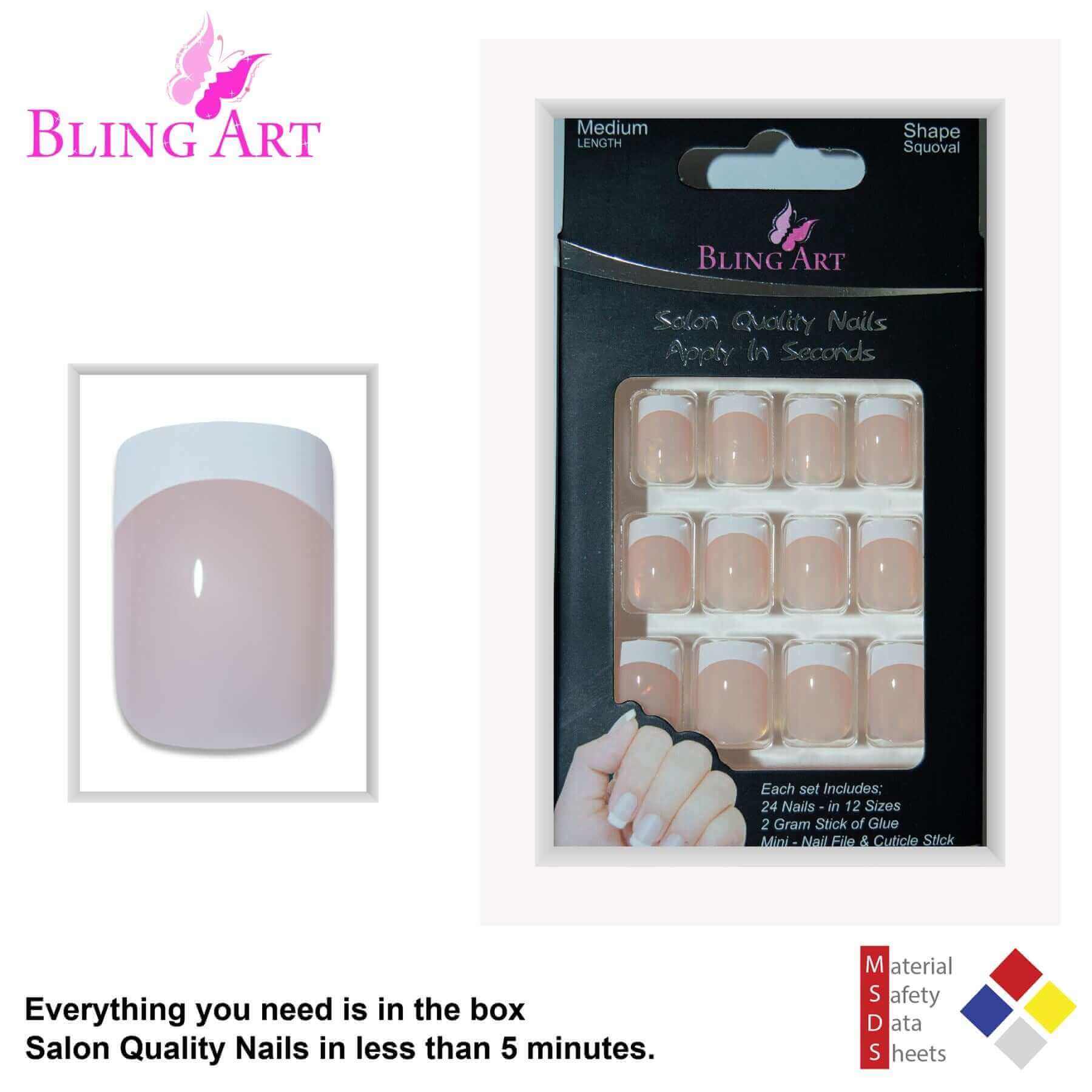 False Nails by Bling Art White French Manicure Fake Medium Tips with Glue
