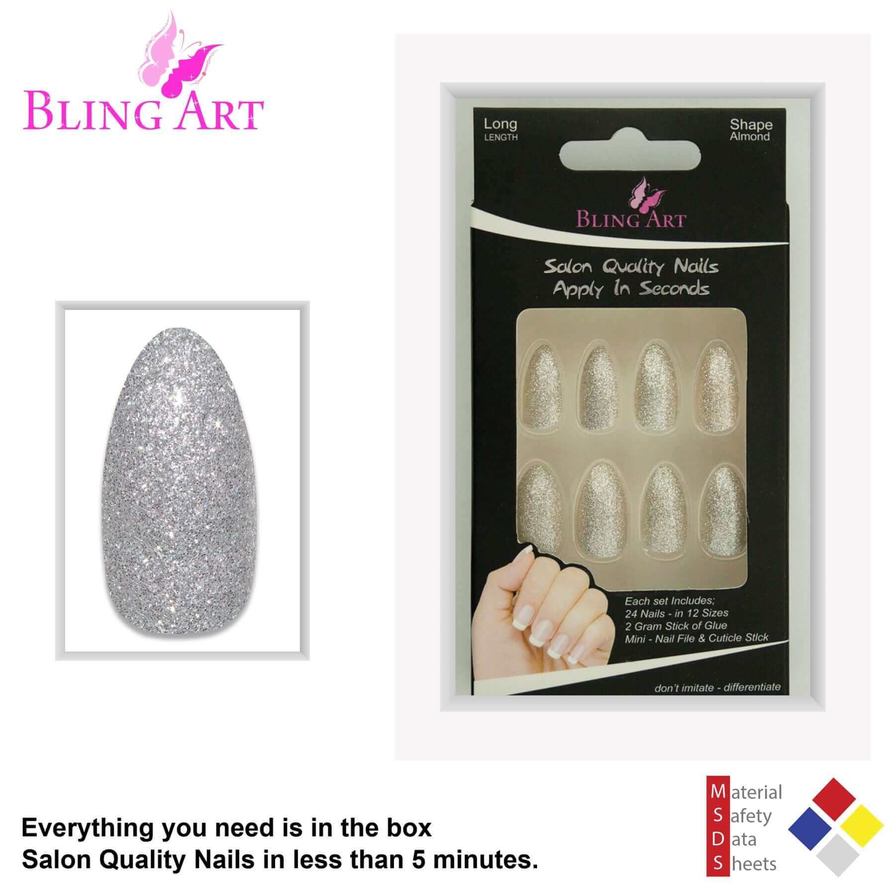 False Nails Bling Art Silver Gel Almond Stiletto Long Fake Acrylic Tips with Glue