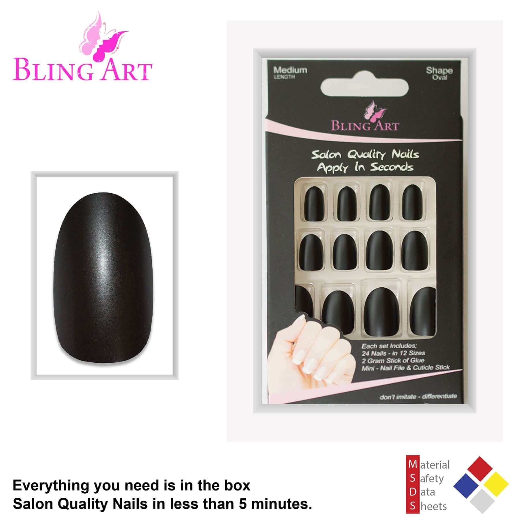 False Nails by Bling Art Black Matte Metallic Oval Medium Fake Acrylic Tips Glue