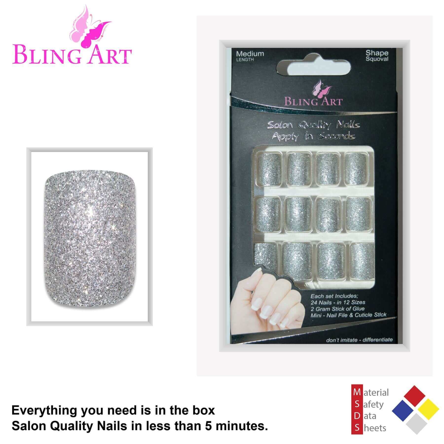 False Nails by Bling Art Silver Gel French Squoval 24 Fake Medium Acrylic Tips