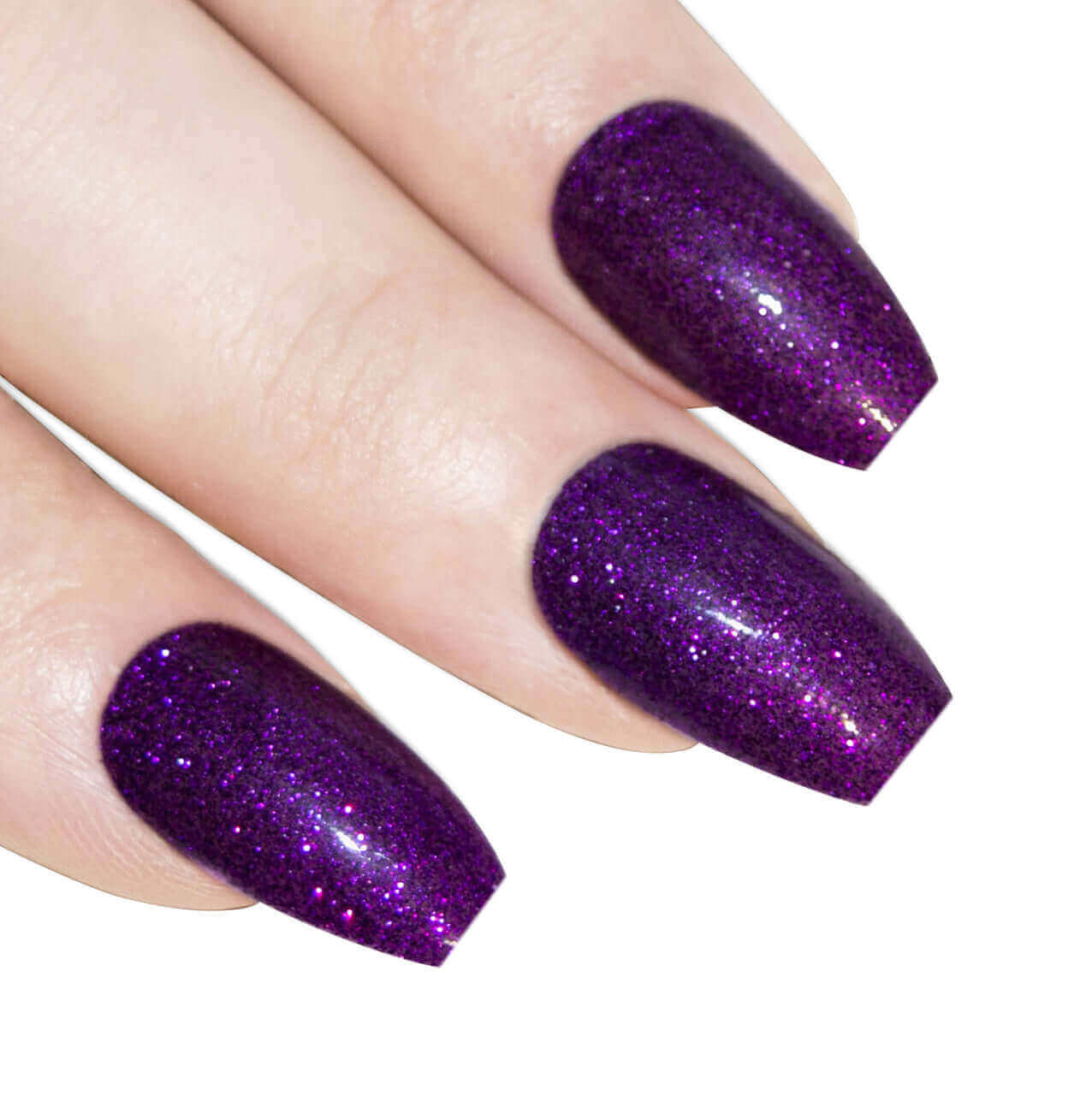 Multipack - False Nails by Bling Art Purple Gel Ballerina Coffin 24 Fake Long Acrylic Tips on a hand with purple glitter.