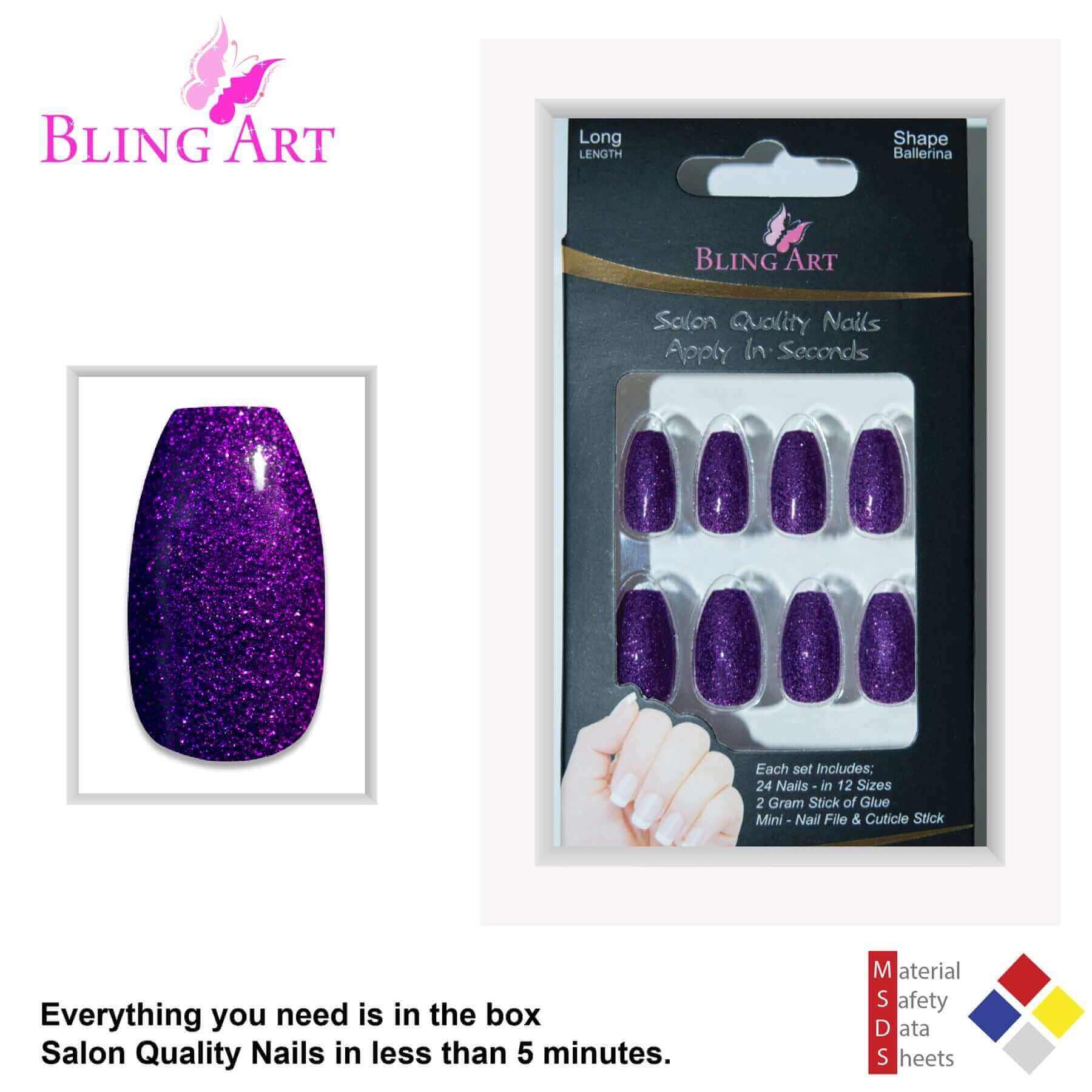 False Nails by Bling Art Purple Gel Ballerina Coffin 24 Fake Long Acrylic Tips