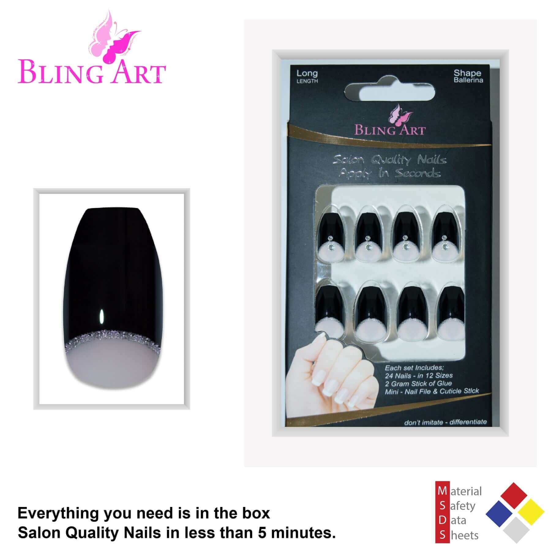 False Nails Bling Art Black Crystal Polished Ballerina Coffin Long Fake Tips