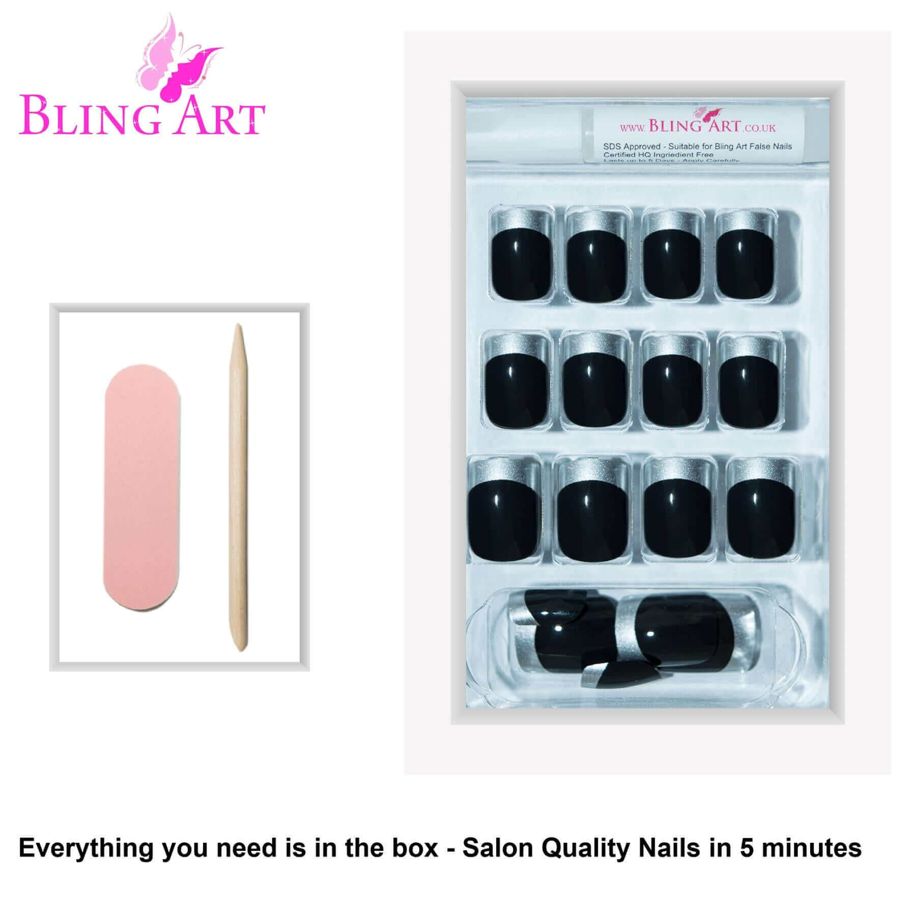 False Nails by Bling Art Black Silver French Manicure Fake Medium Tips with Glue
