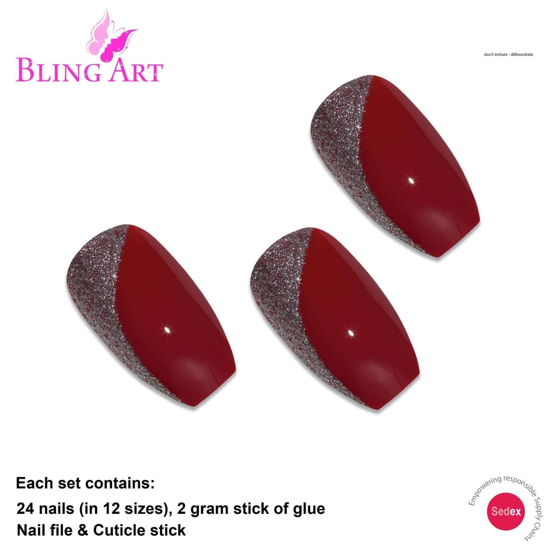 False Nails by Bling Art Red Glitter Ballerina Coffin Acrylic 24 Fake Long Nail Tips
