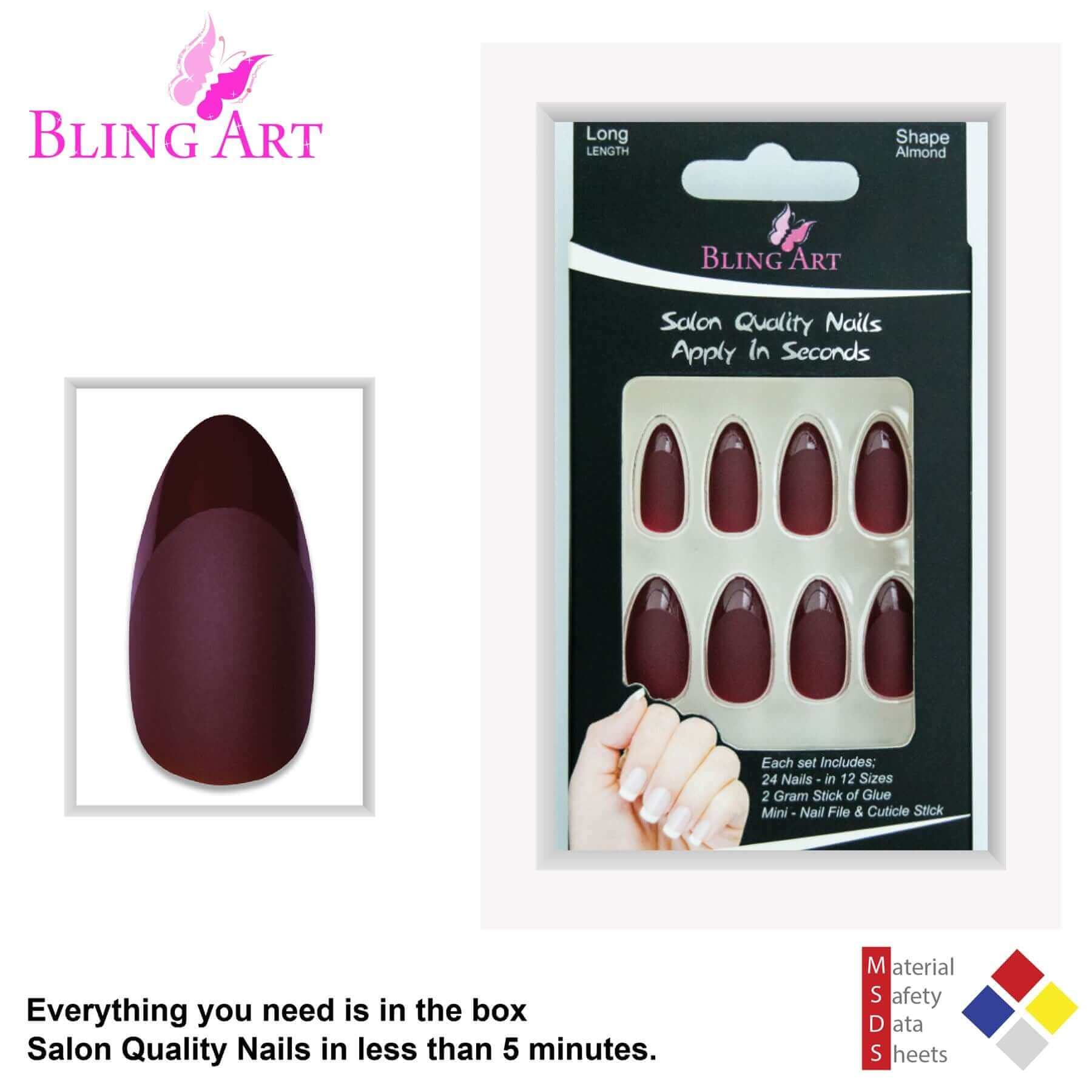 False Nails by Bling Art Brown Matte Almond Stiletto 24 Fake Long Acrylic Tips