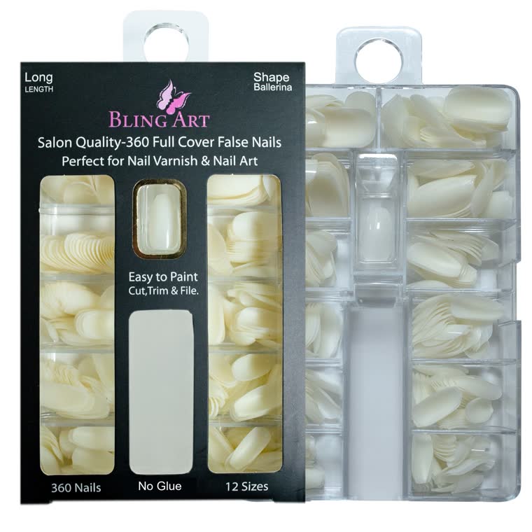 Bling Art Salon Bulk Pack, three boxes of natural beige ballerina and coffin nail tips, 1,080 tips in 12 sizes