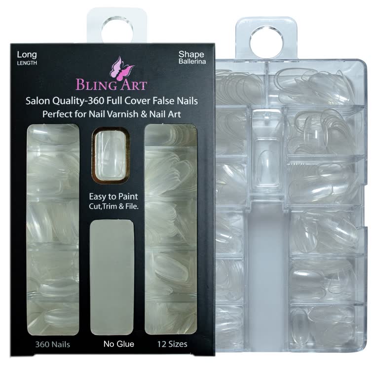 Bling Art Salon Bulk Pack, three boxes of clear ballerina and coffin nail tips, 1,080 tips in 12 sizes