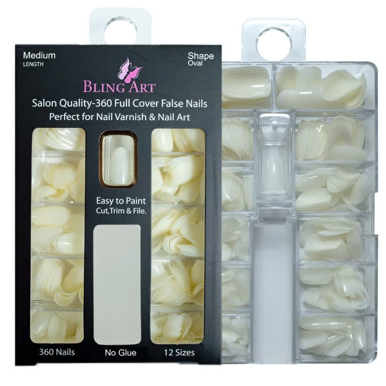 Bling Art Salon Bulk Pack, three boxes of natural beige oval nail tips, 1,080 tips in 12 sizes