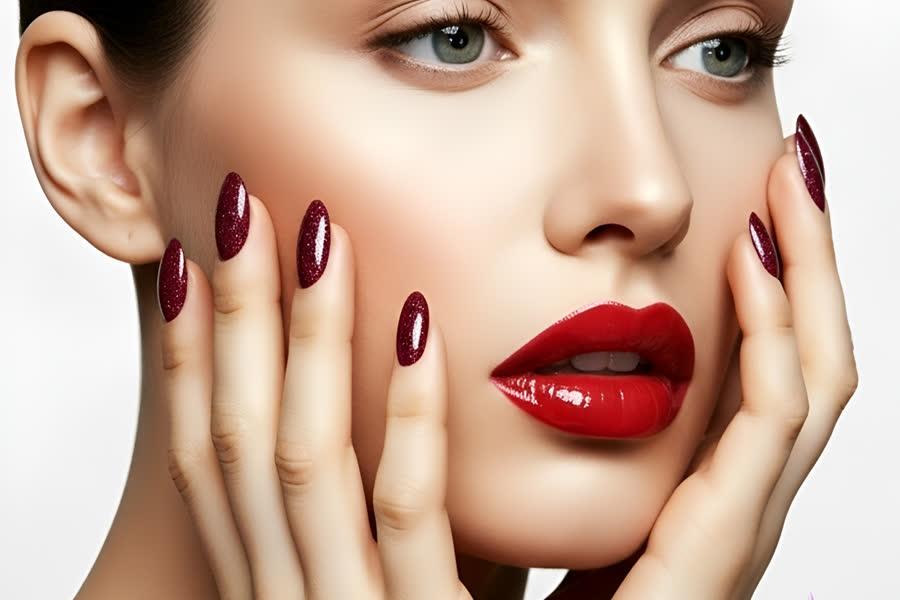 How Much Do Press-On Nails Cost in the UK? (Full 2026 Price Breakdown), shown with a model wearing Sangria Red Brown gel on a medium oval