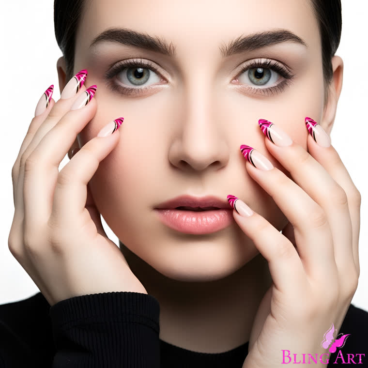 Glitter Wave Pink press-on nails by Bling Art, a pink glitter wave over a white French tip on an almond stiletto, worn by a model