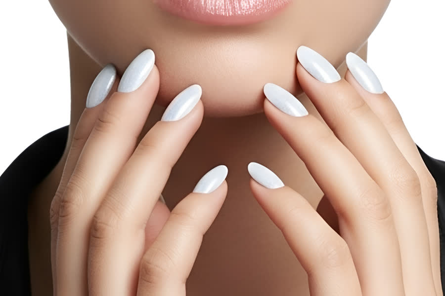Bedtime Routine with Press-On Nails On (UK Guide), shown with a model wearing Pearl White gel on a medium oval