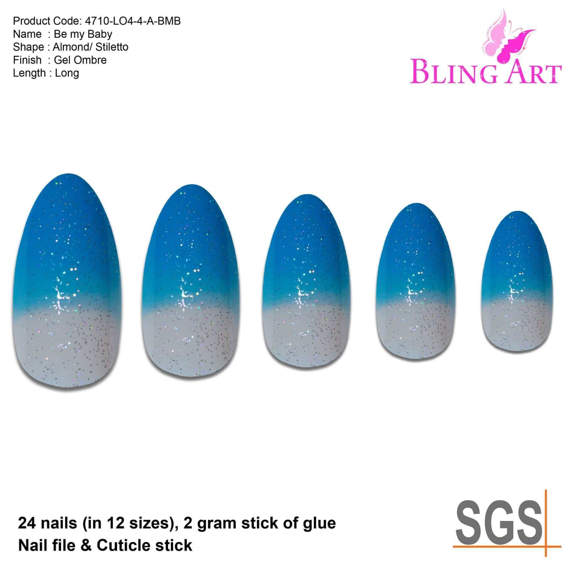 False Nails by Bling Art Blue Gel Glitter 24 Almond Stiletto Long Fake Tips Glue