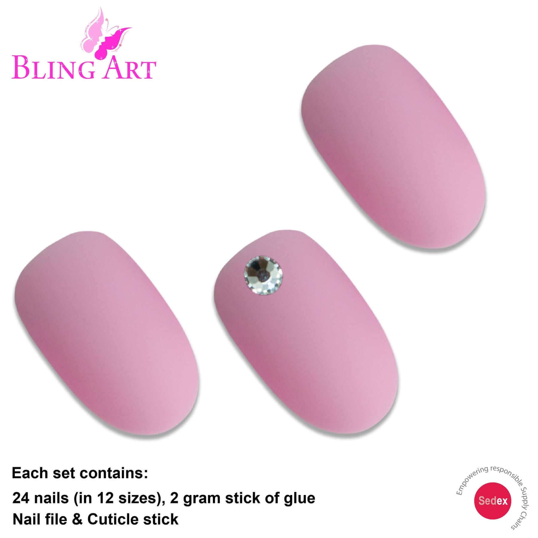 False Nails by Bling Art Pink Matte Oval Medium Fake Acrylic 24 Tips with Glue