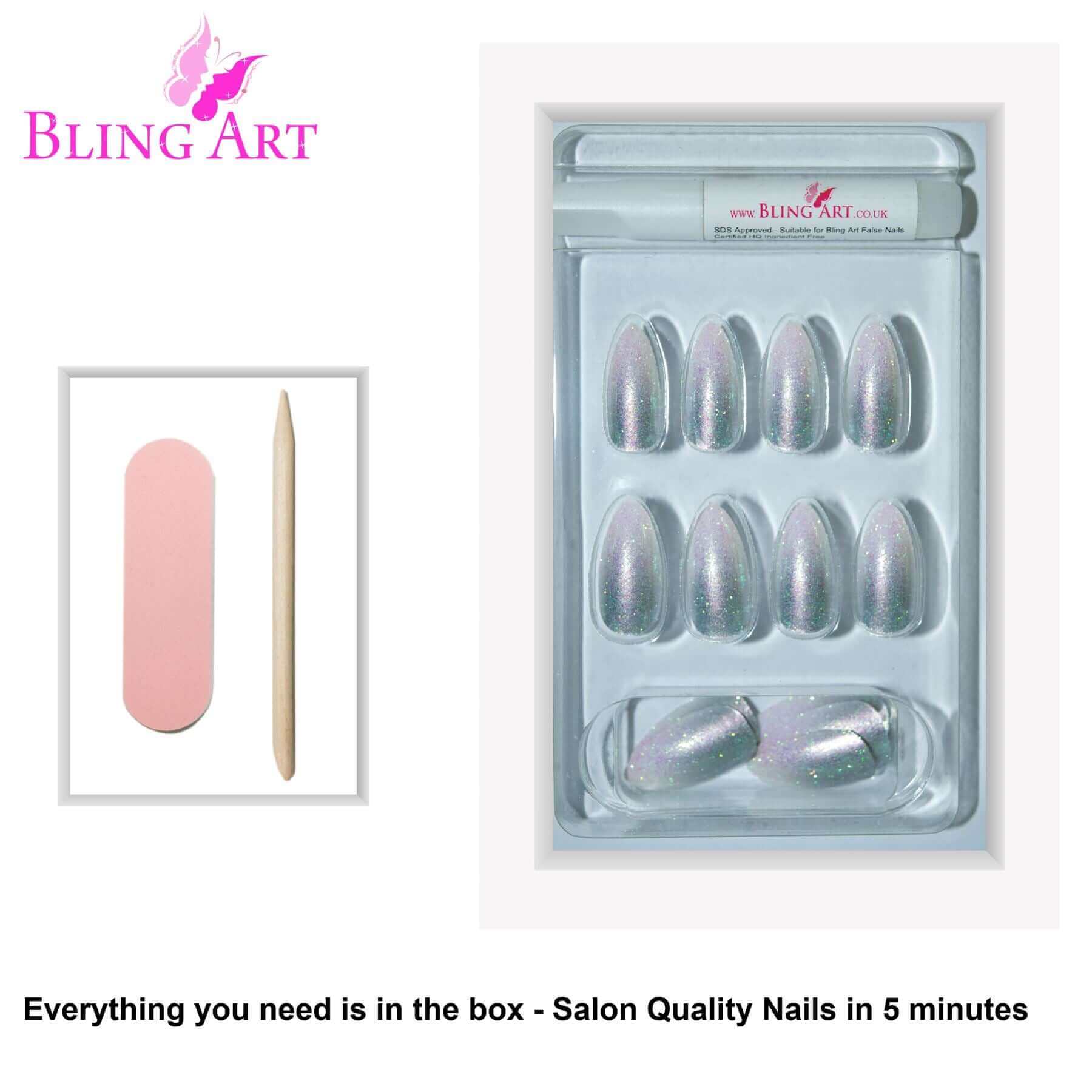 False Nails by Bling Art Silver Gel Ombre Almond Stiletto 24 Fake Acrylic Tips