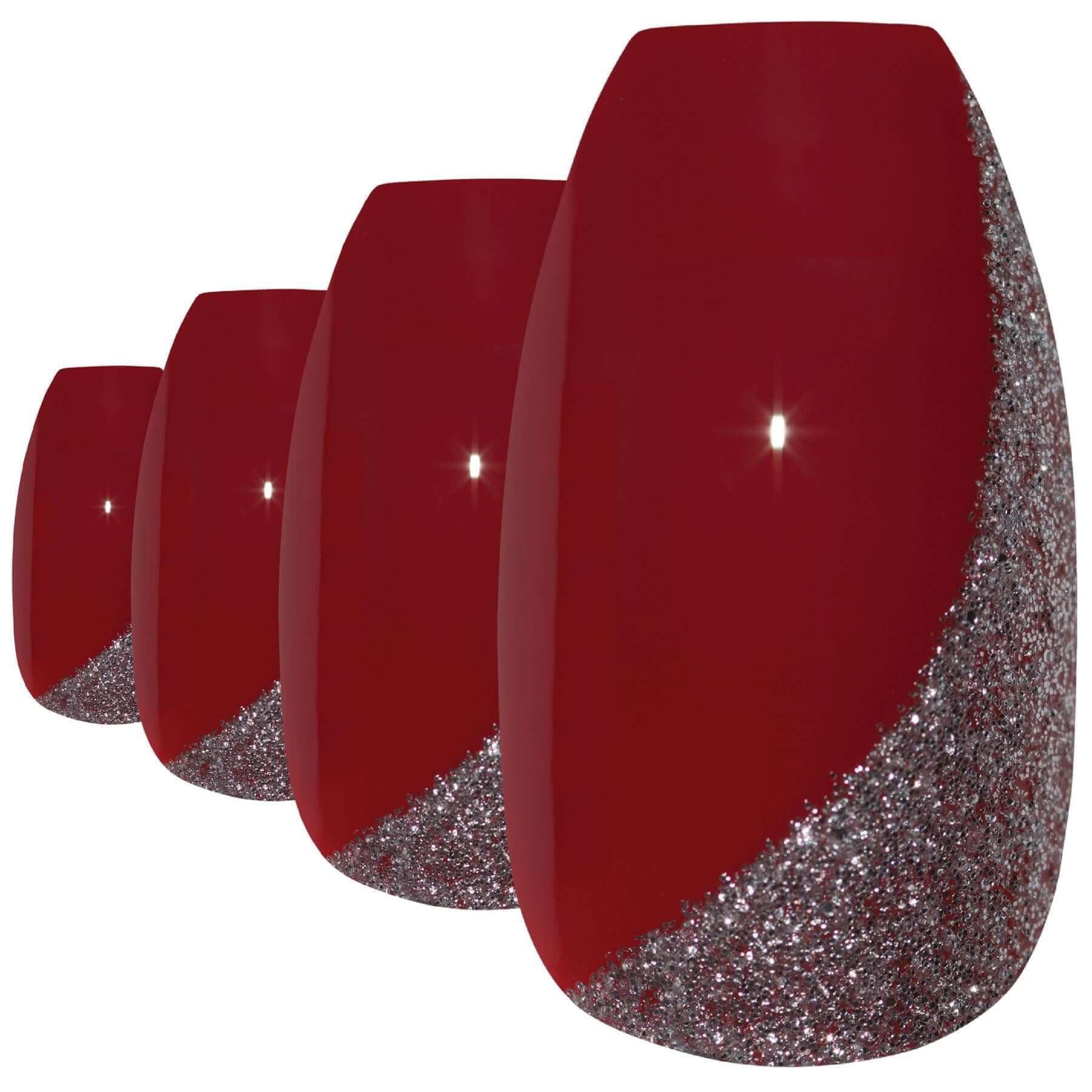 False Nails by Bling Art Red Glitter Ballerina Coffin Acrylic 24 Fake Long Nail Tips