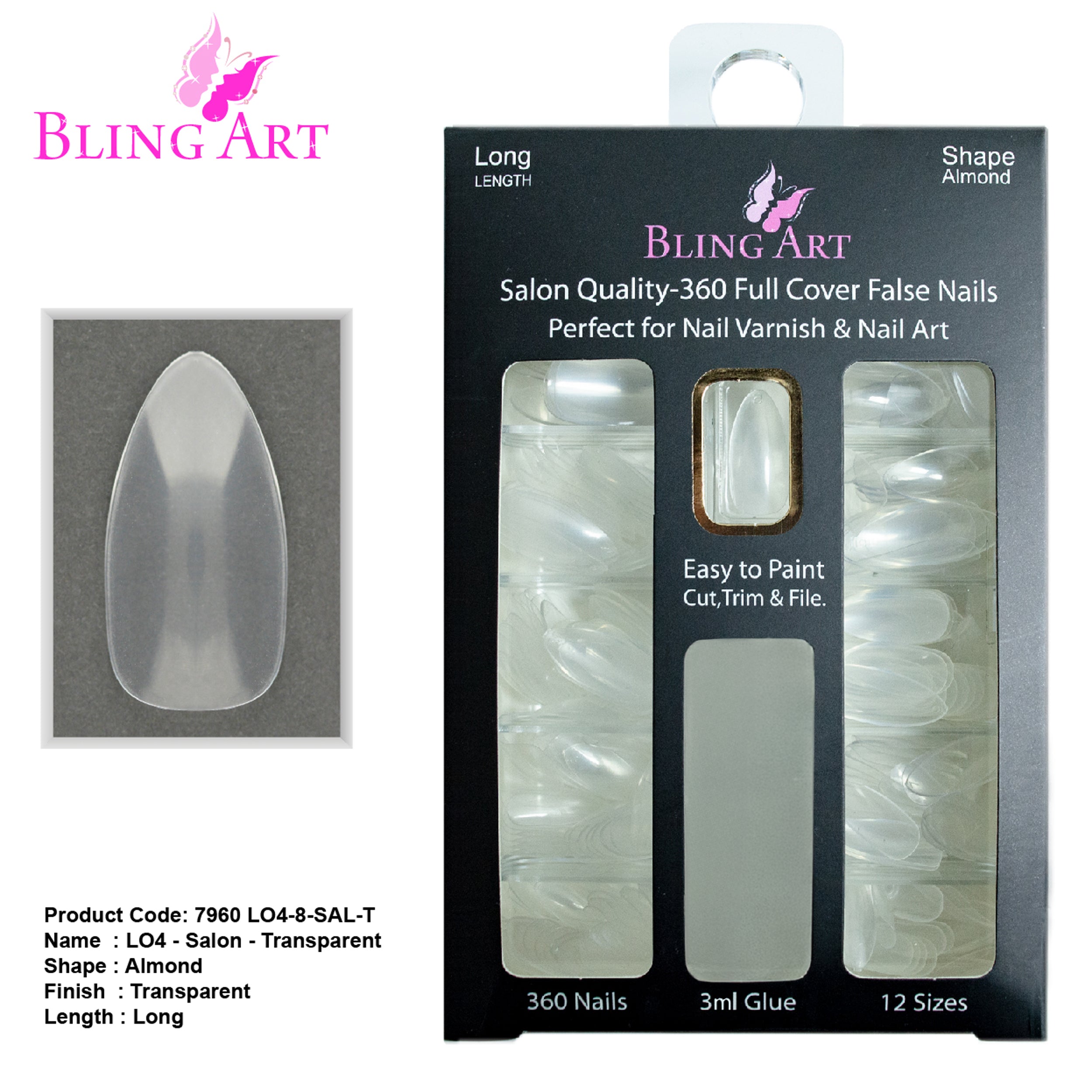 Transparent 360-degree stiletto almond long professional nail tips by Bling Art — full-flexibility blank canvas for nail technicians and custom design · clear acrylic finish ready for polish or decoration · long stiletto almond tips · 24-pack professional set · designed in Yorkshire