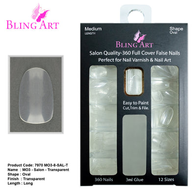 Transparent 360-degree oval medium professional nail tips by Bling Art — full-flexibility blank canvas for nail technicians and custom design · clear acrylic finish ready for polish or decoration · medium-length oval tips · 24-pack professional set · designed in Yorkshire