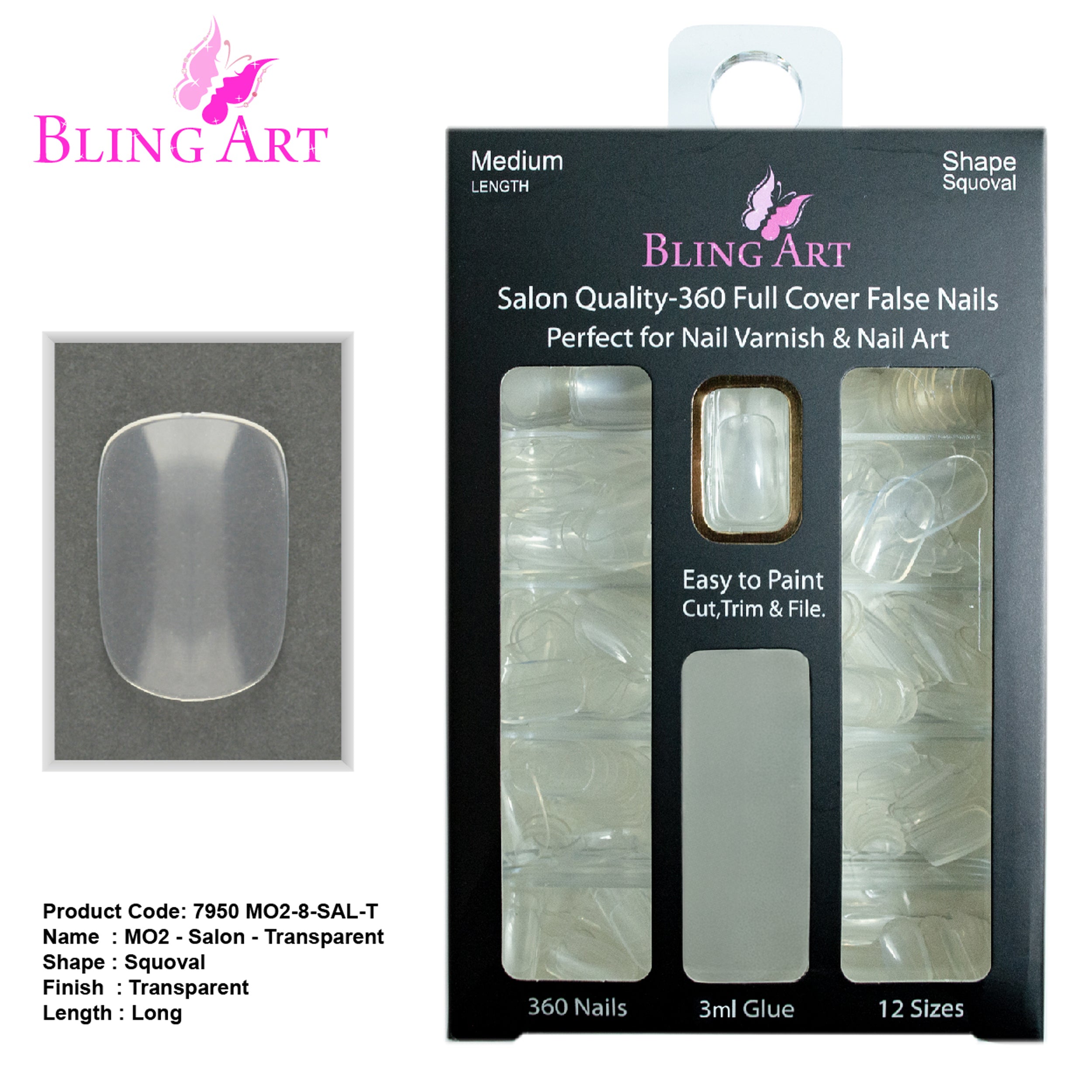 Transparent 360-degree squoval long professional nail tips by Bling Art — full-flexibility blank canvas for nail technicians and custom design · clear acrylic finish ready for polish or decoration · long squoval tips · 24-pack professional set · designed in Yorkshire