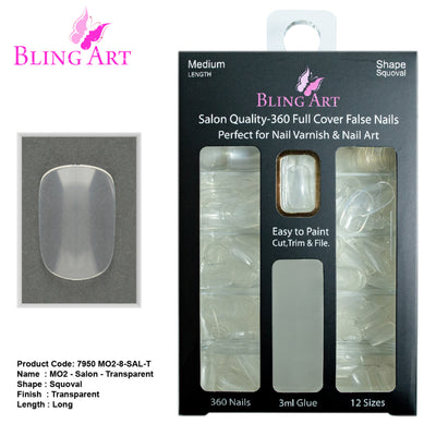 Transparent 360-degree squoval long professional nail tips by Bling Art — full-flexibility blank canvas for nail technicians and custom design · clear acrylic finish ready for polish or decoration · long squoval tips · 24-pack professional set · designed in Yorkshire