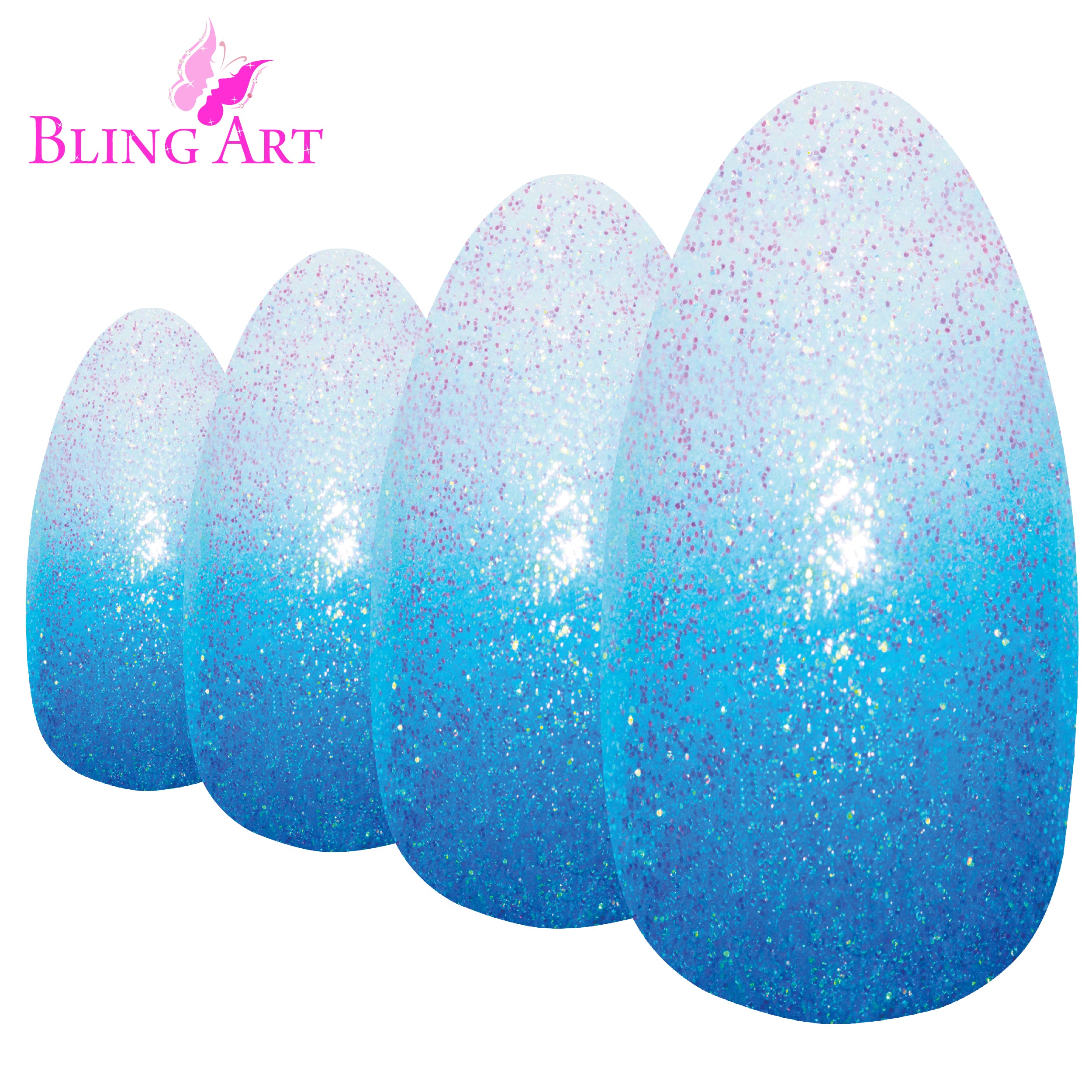 False Nails by Bling Art Blue Gel Ombre Almond Stiletto Fake Long Tips