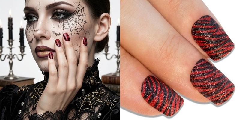 Tigress false nails by Bling Art, black and gold tiger stripes on a squoval tip, worn by a model