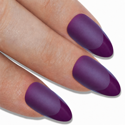 Purple matte almond stiletto long press-on false nails by Bling Art — rich aubergine velvet matte for jewel-tone evening wear and special occasions. 24 nails, 12 sizes XS-XXL, no UV lamp. Designed in Yorkshire UK. Almond = Stiletto (same shape).