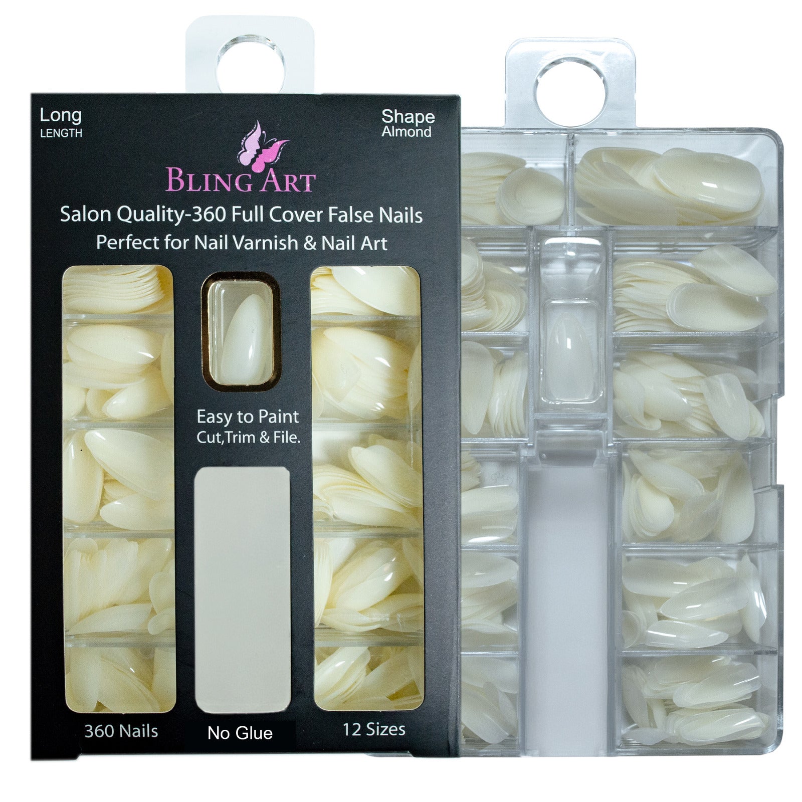 Salon Bulk Pack · 3 Boxes · 1,080 Tips · Almond Stiletto · Natural | Bling Art