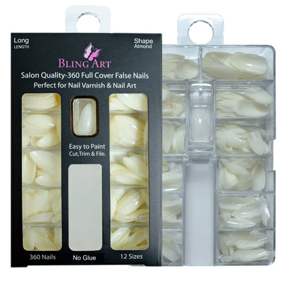 Bling Art Salon Bulk Pack, three boxes of 360 natural almond stiletto nail tips in 12 size compartment cases, box marked 360 Nails, No Glue, 12 Sizes