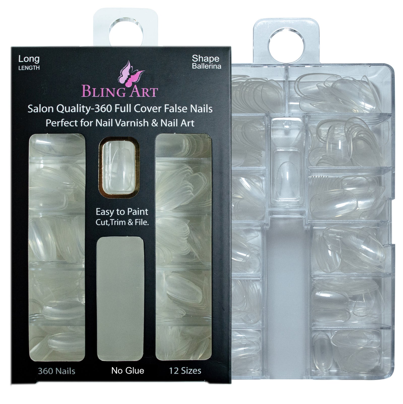 Salon Bulk Pack · 3 Boxes · 1,080 Tips · Coffin Ballerina · Transparent | Bling Art