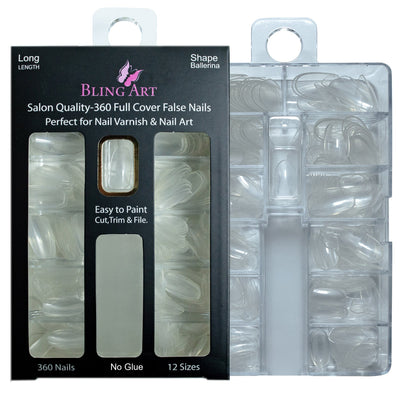 Bling Art Salon Bulk Pack, three boxes of 360 clear coffin ballerina nail tips in 12 size compartment cases, box marked 360 Nails, No Glue, 12 Sizes